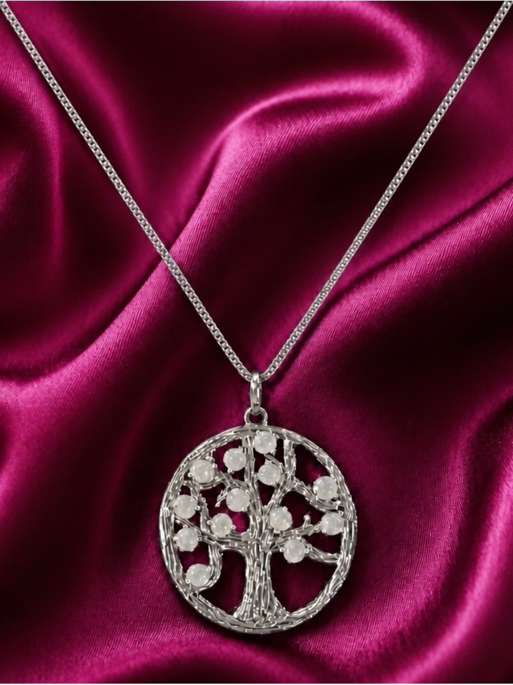 Genuine Rainbow Moonstone ‘Tree of Life rhodium over 925 Sterling Silver Pendant